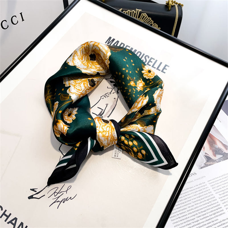 100% Silk Square Scarf with White Flower Decoration for Women | La Parisienne