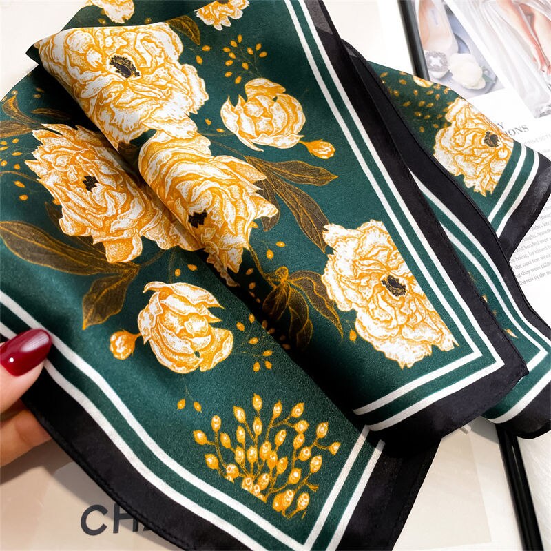 100% Silk Square Scarf with White Flower Decoration for Women | La Parisienne