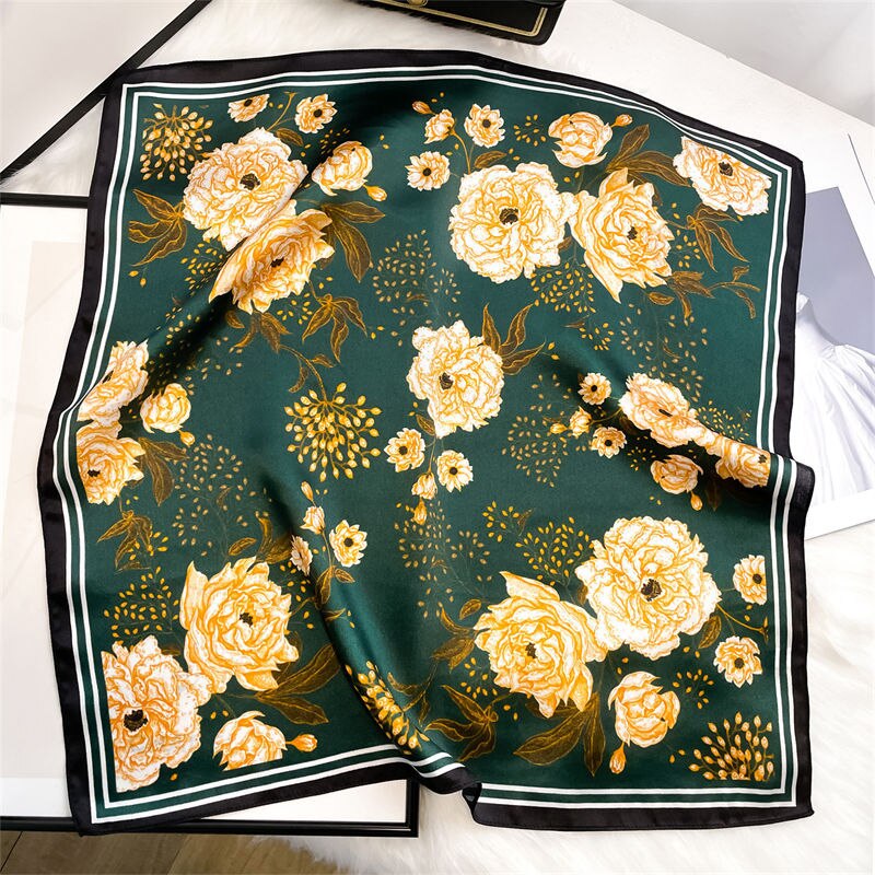 100% Silk Square Scarf with White Flower Decoration for Women | La Parisienne