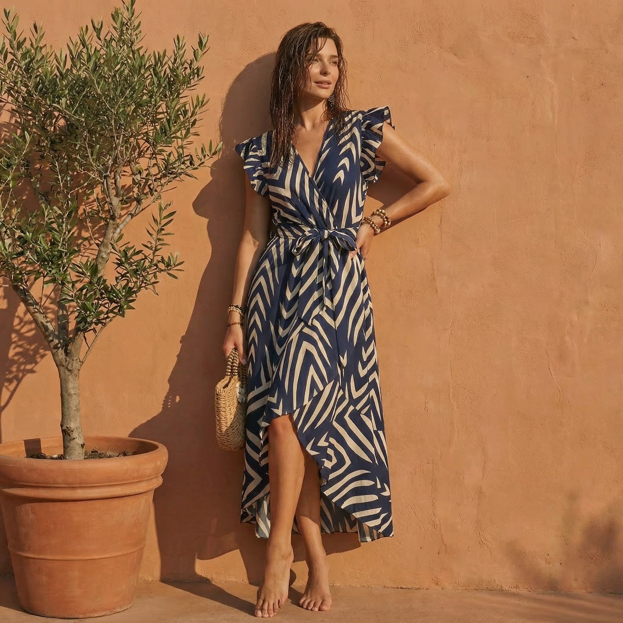 Robe Longue Portefeuille Imprimée à Volants | La Parisienne